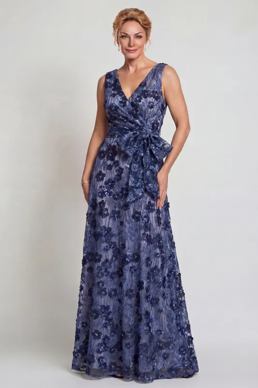 Dark Blue Flower V Neck A-Line Long Mother of the Bride Dress with Bowknot sold by Zapaka