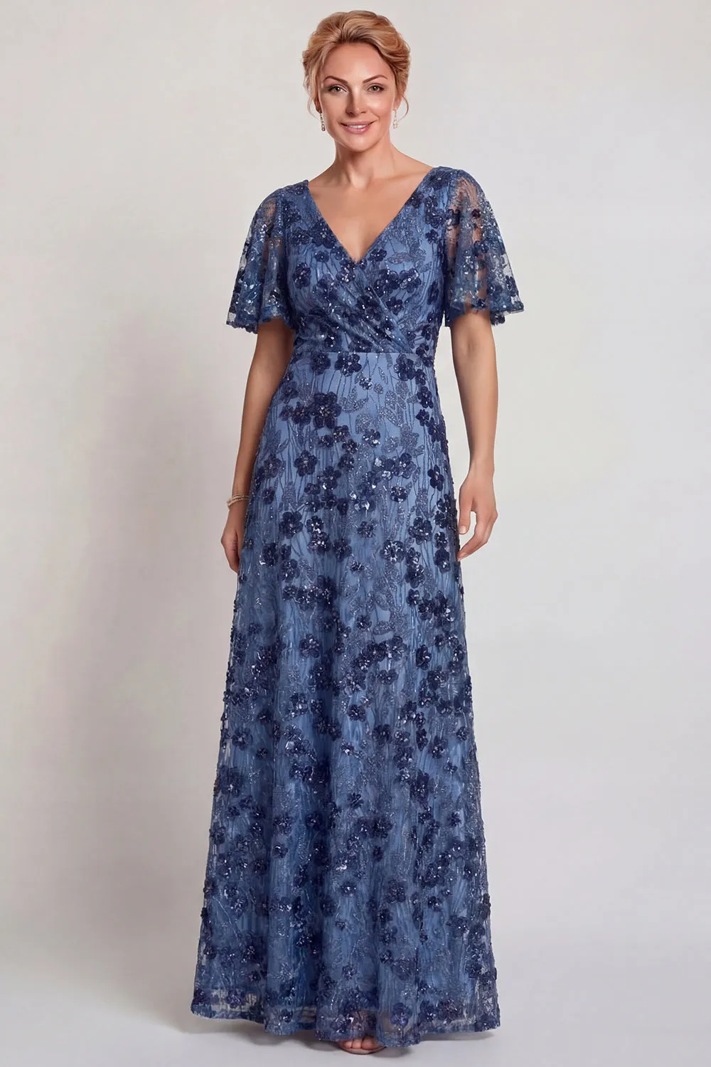 Sparkly Dark Blue Flower V Neck A-Line Long Mother of the Bride Dress with Sleeve sold by Zapaka