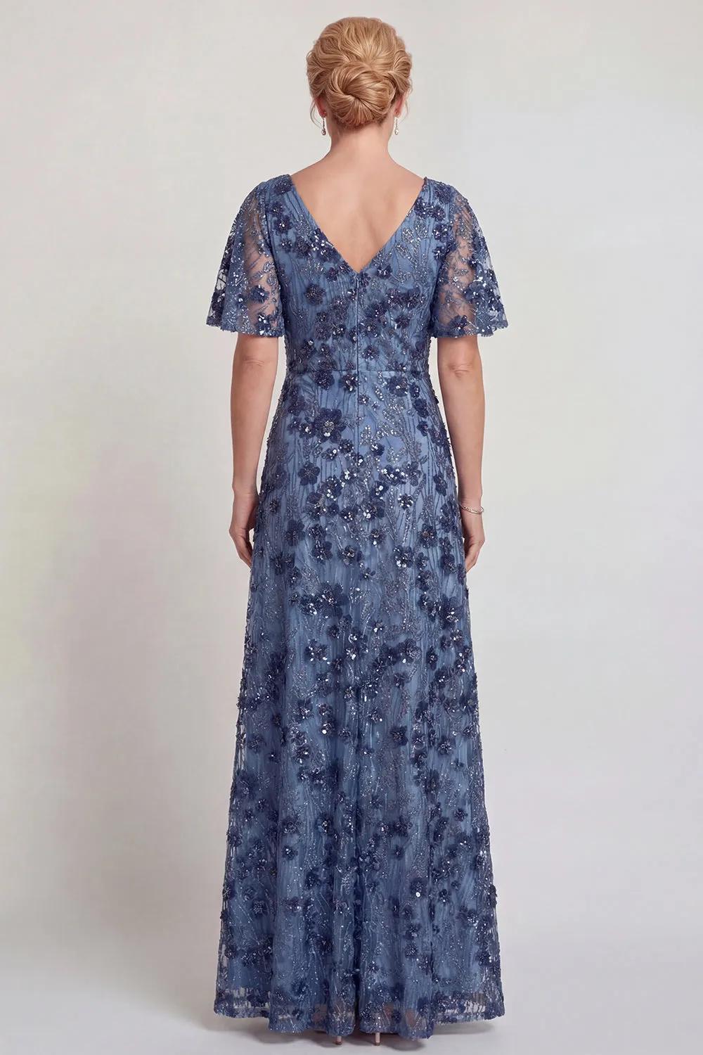 Sparkly Dark Blue Flower V Neck A-Line Long Mother of the Bride Dress with Sleeve sold by Zapaka product image thumbnail 2
