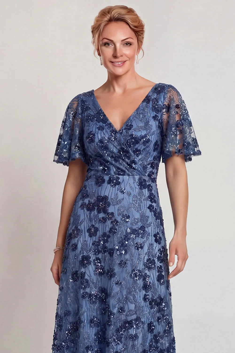 Sparkly Dark Blue Flower V Neck A-Line Long Mother of the Bride Dress with Sleeve sold by Zapaka product image thumbnail 3