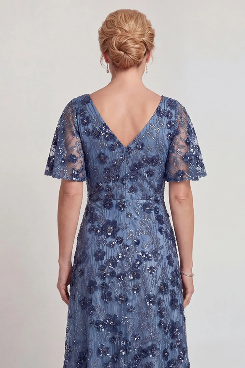 Sparkly Dark Blue Flower V Neck A-Line Long Mother of the Bride Dress with Sleeve sold by Zapaka product image thumbnail 4