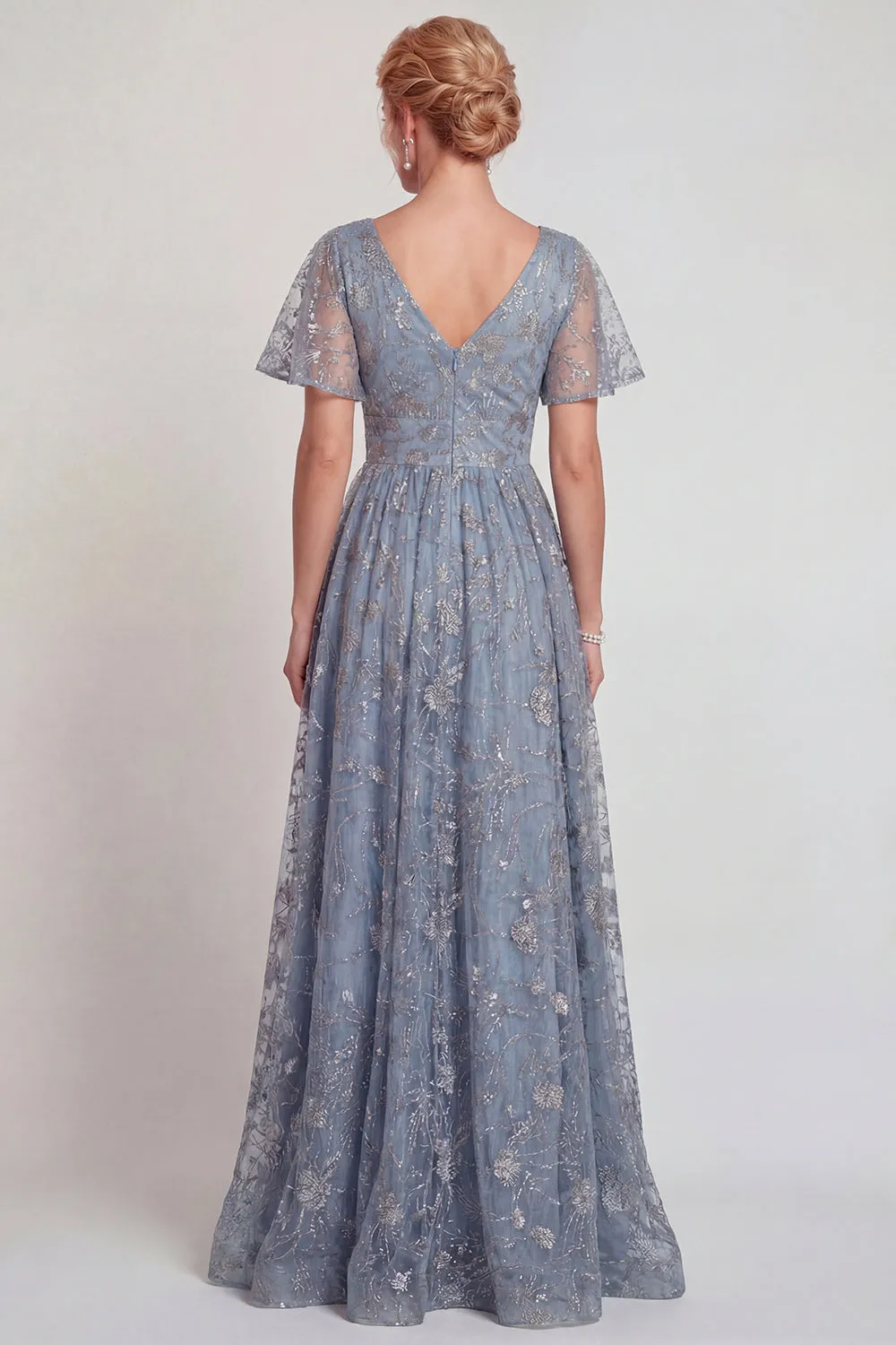 Sparkly Grey Blue Flower Appliqued V Neck A-Line Long Mother of the Bride Dress with Sleeve sold by Zapaka product image thumbnail 2