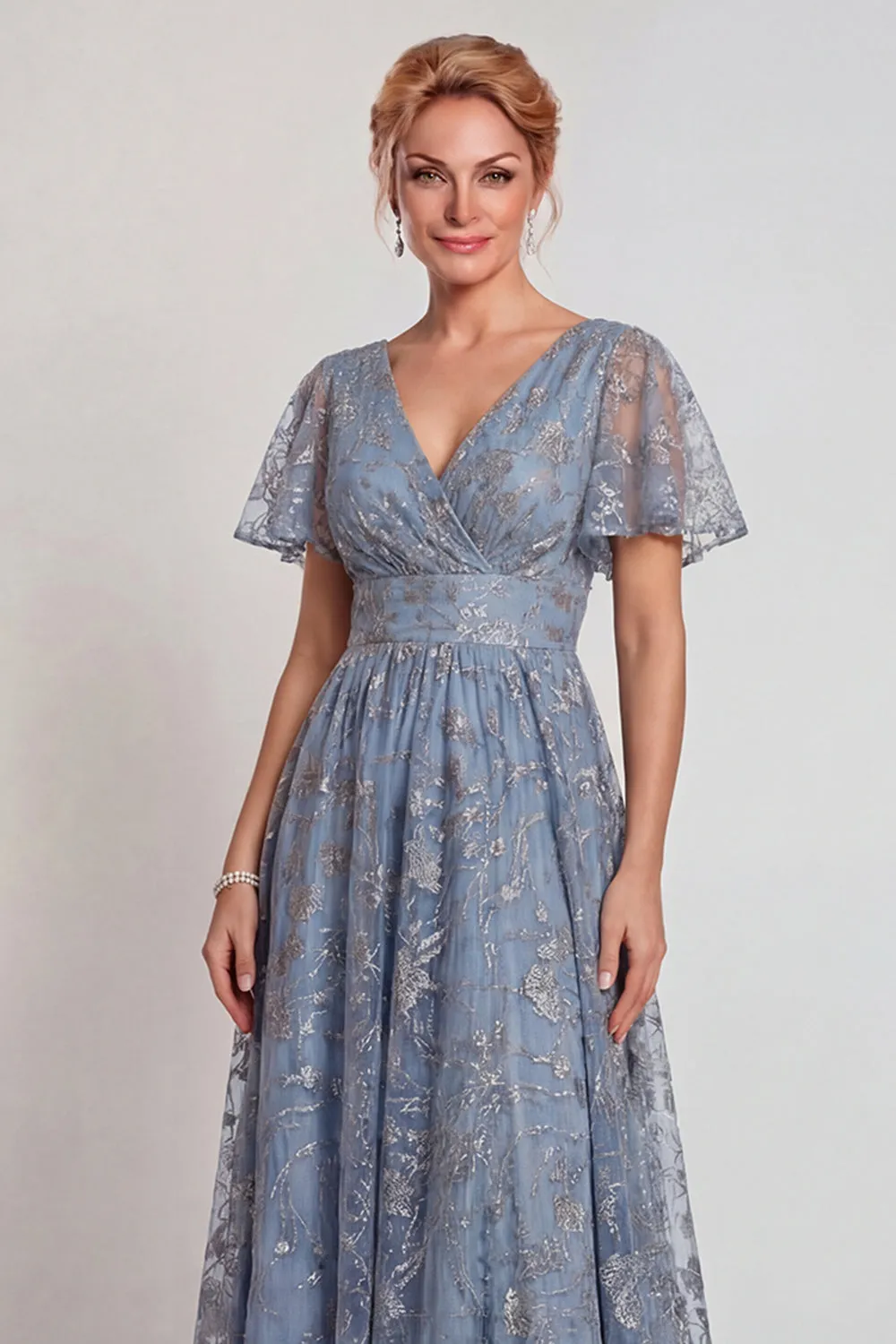 Sparkly Grey Blue Flower Appliqued V Neck A-Line Long Mother of the Bride Dress with Sleeve sold by Zapaka product image thumbnail 3