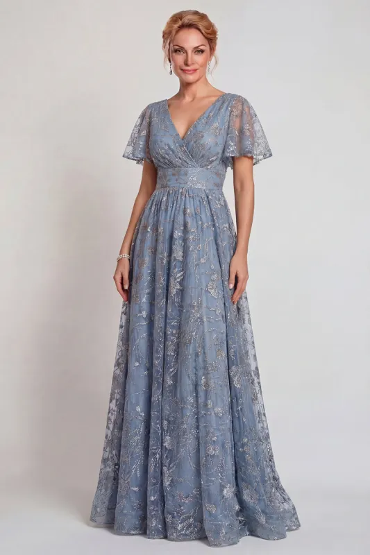 Sparkly Grey Blue Flower Appliqued V Neck A-Line Long Mother of the Bride Dress with Sleeve sold by Zapaka
