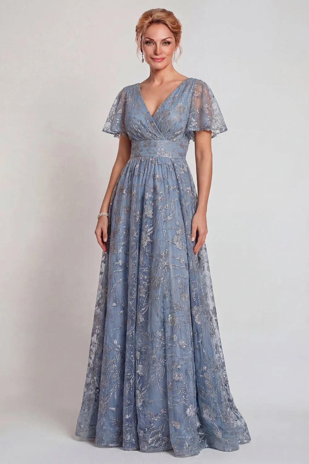 Sparkly Grey Blue Flower Appliqued V Neck A-Line Long Mother of the Bride Dress with Sleeve sold by Zapaka