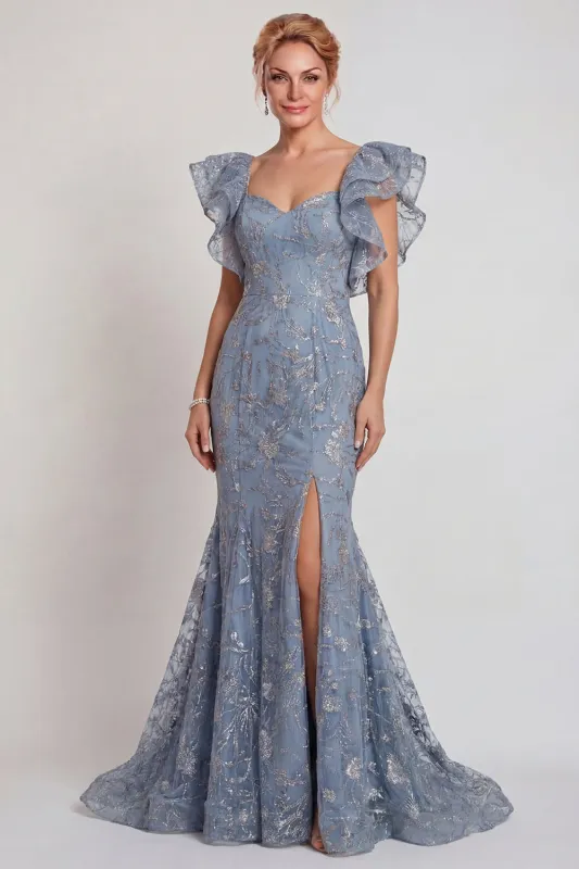 Grey Blue Appliqued Ruffled Sleeve Mermaid Mother of the Bride Dress with Slit sold by Zapaka