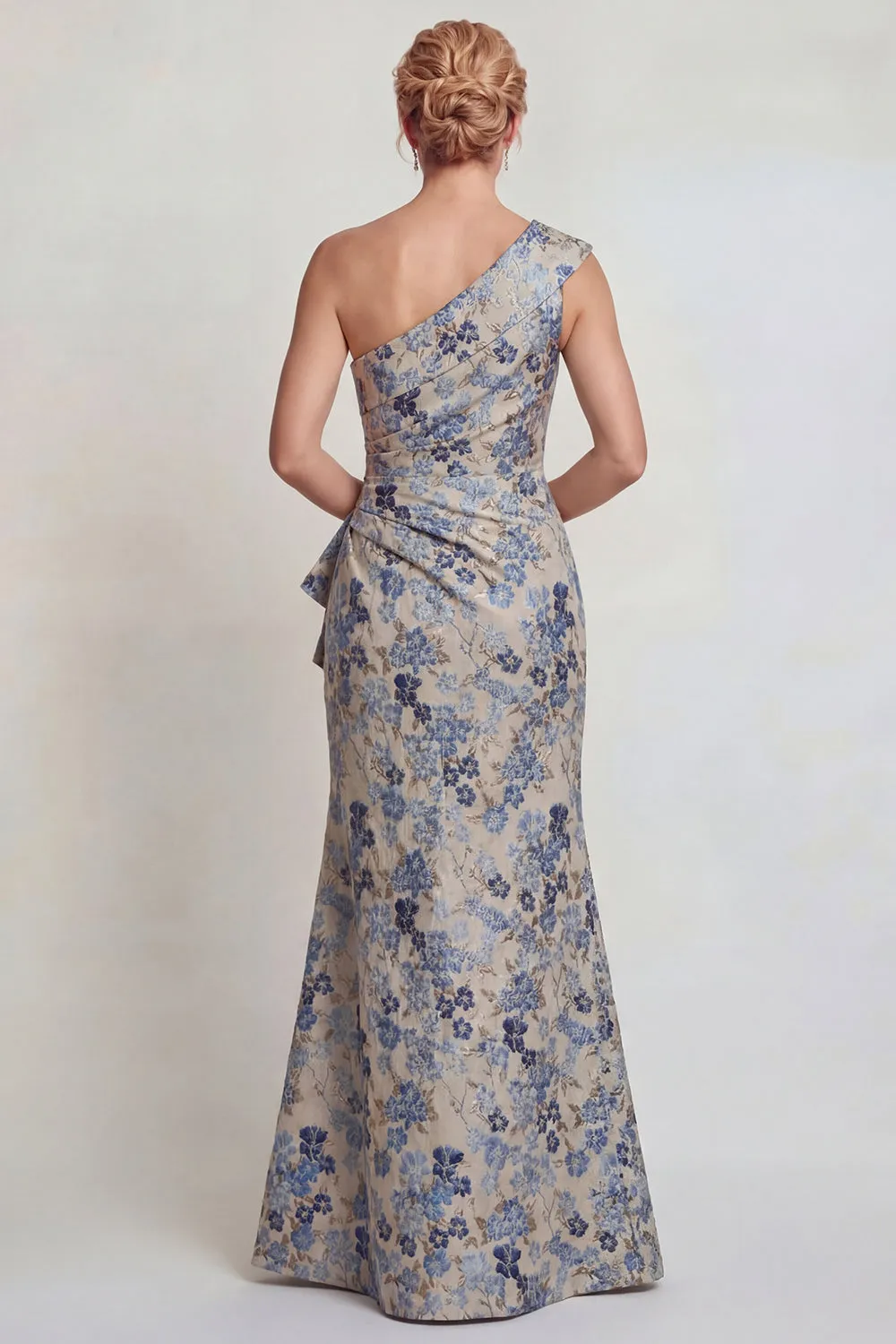 Grey Blue Flower Ruched One Shoulder Mermaid Mother of the Bride Dress with Slit sold by Zapaka product image thumbnail 2