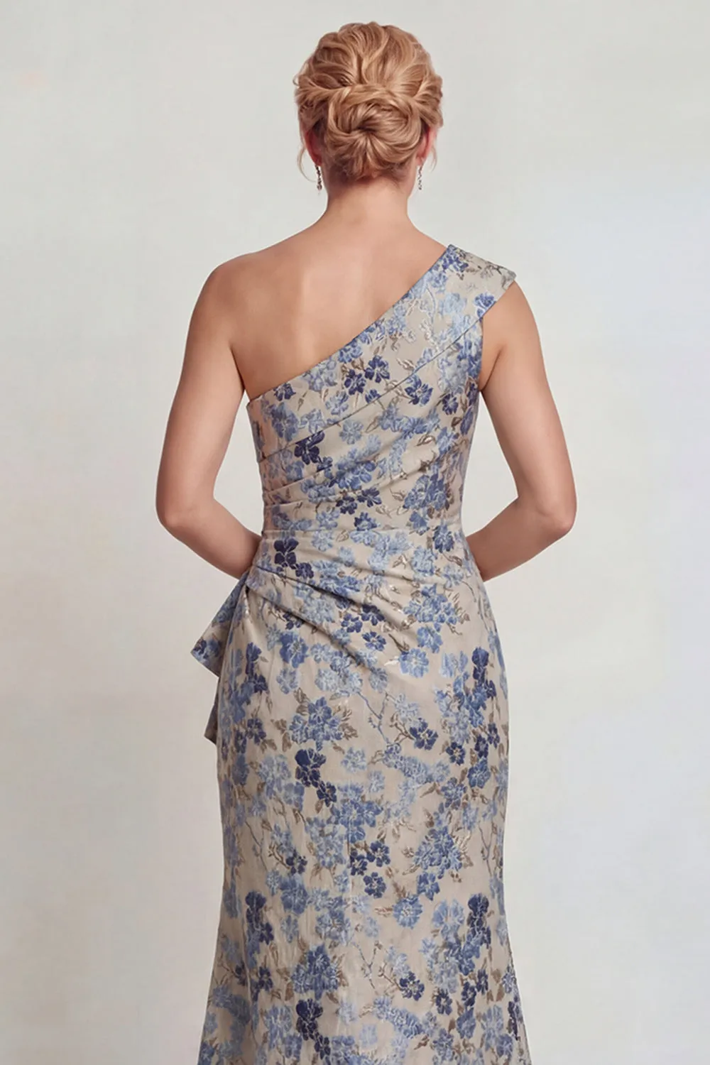 Grey Blue Flower Ruched One Shoulder Mermaid Mother of the Bride Dress with Slit sold by Zapaka product image thumbnail 4