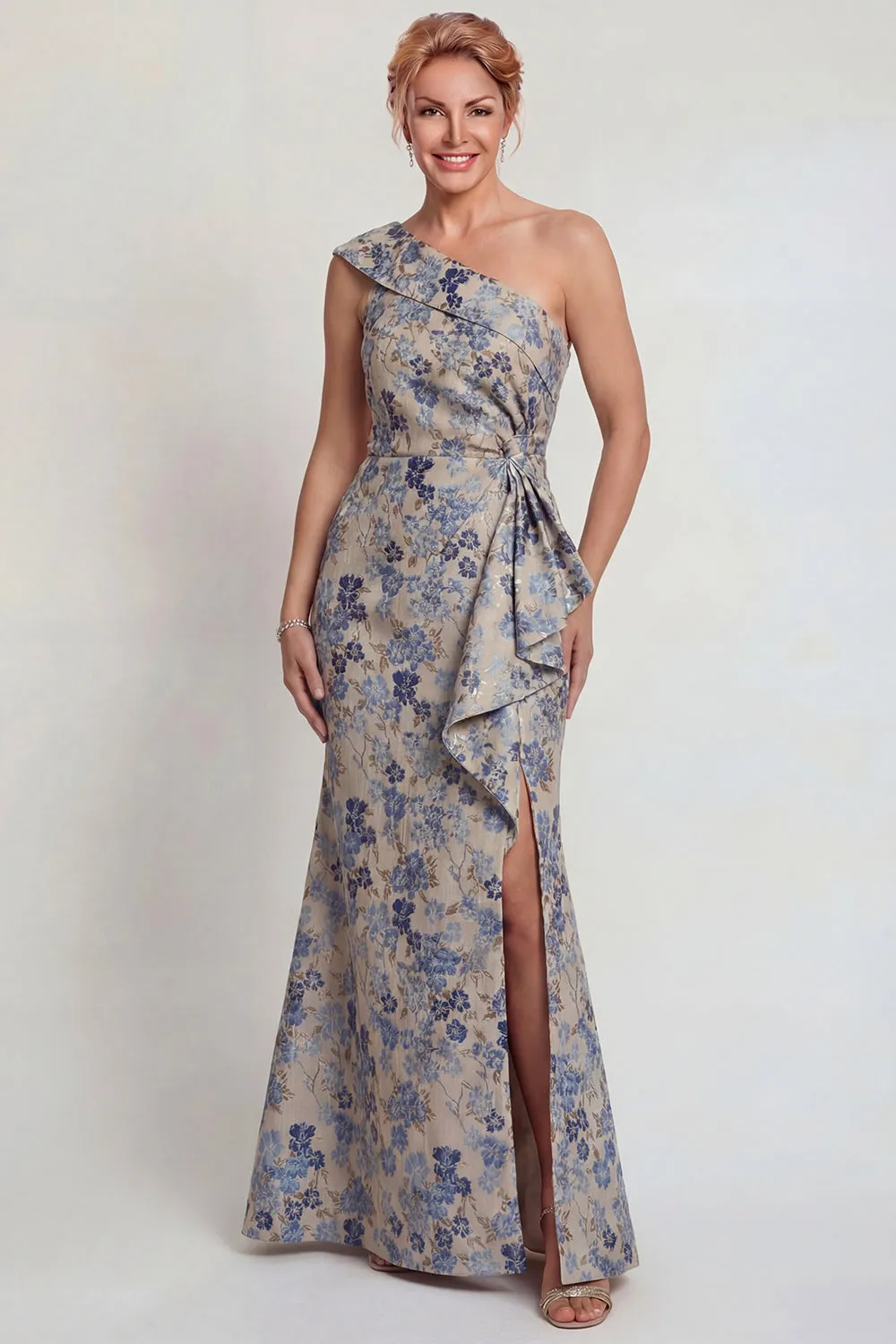 Grey Blue Flower Ruched One Shoulder Mermaid Mother of the Bride Dress with Slit sold by Zapaka