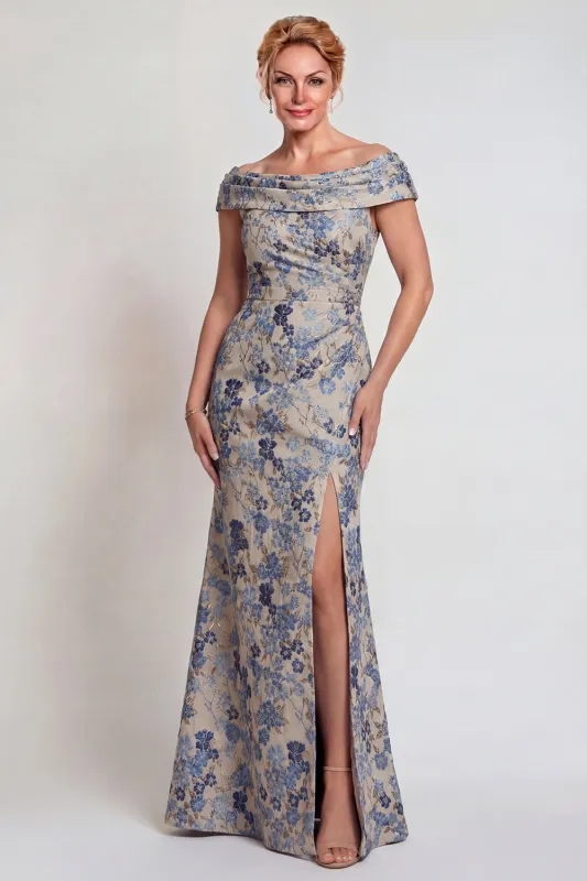 Grey Blue Flower Off the Shoulder Long Mother of the Bride Dress with Slit sold by Zapaka