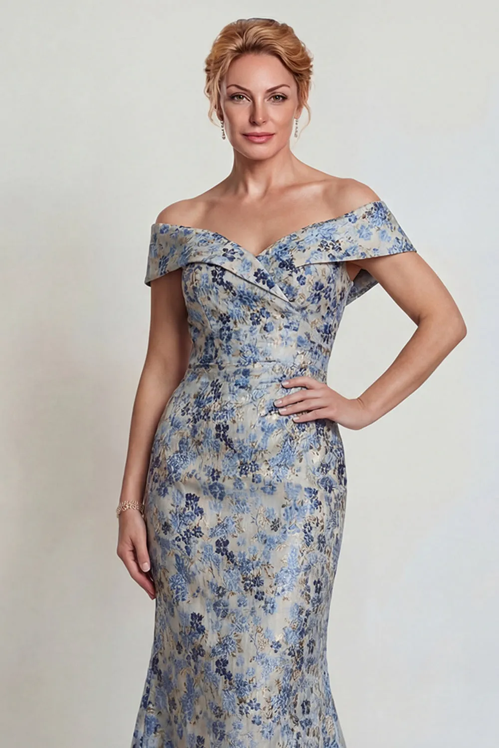 Grey Blue Flower Off the Shoulder Mermaid Long Mother of the Bride Dress sold by Zapaka product image thumbnail 4
