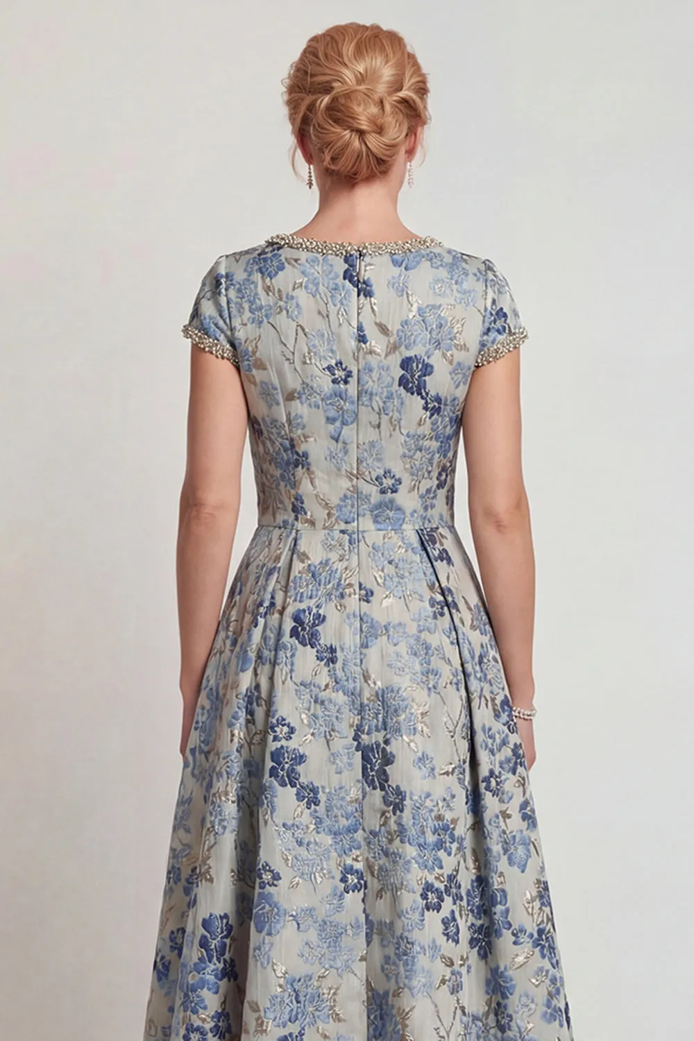 Grey Blue Flower Round Neck A-Line Long Mother of the Bride Dress with Sleeve sold by Zapaka product image thumbnail 5