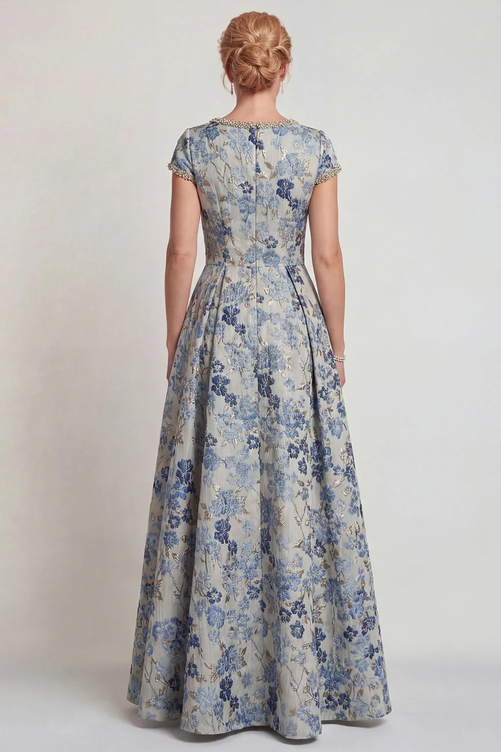 Grey Blue Flower Round Neck A-Line Long Mother of the Bride Dress with Sleeve sold by Zapaka product image thumbnail 2