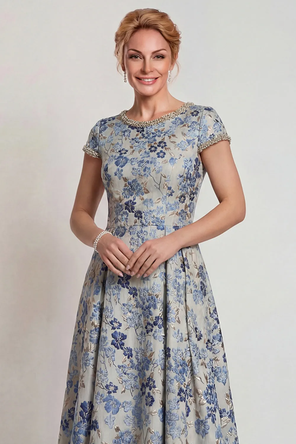 Grey Blue Flower Round Neck A-Line Long Mother of the Bride Dress with Sleeve sold by Zapaka product image thumbnail 4