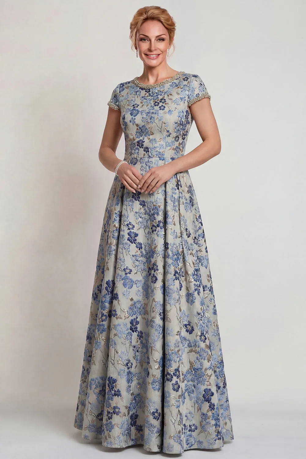 Grey Blue Flower Round Neck A-Line Long Mother of the Bride Dress with Sleeve sold by Zapaka
