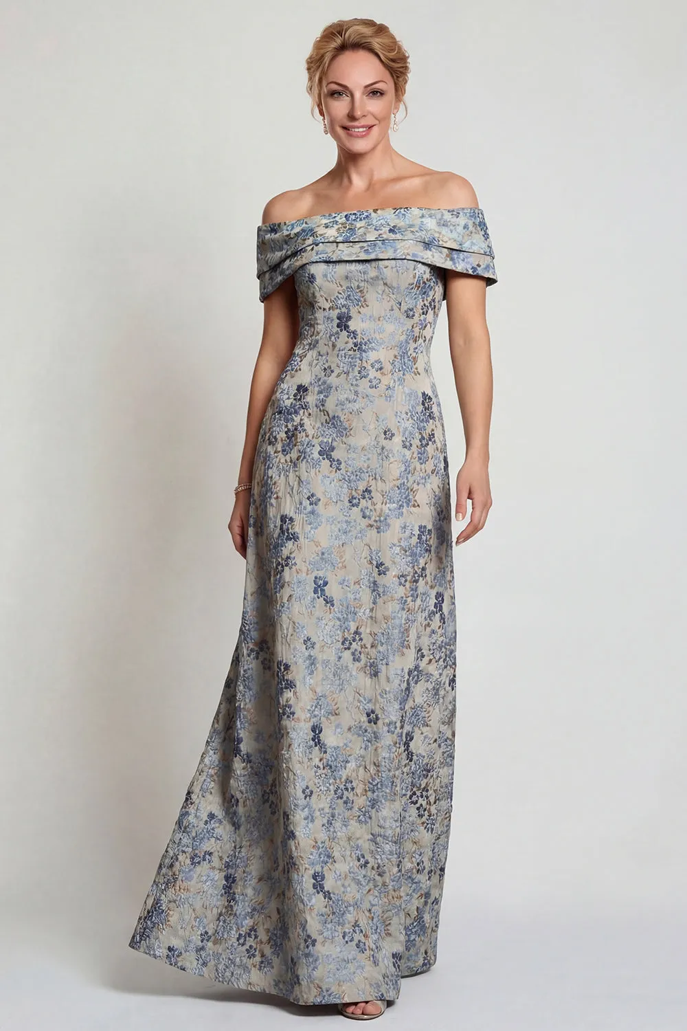 Grey Blue Flower Off the Shoulder A-Line Long Mother of the Bride Dress sold by Zapaka product image thumbnail 3