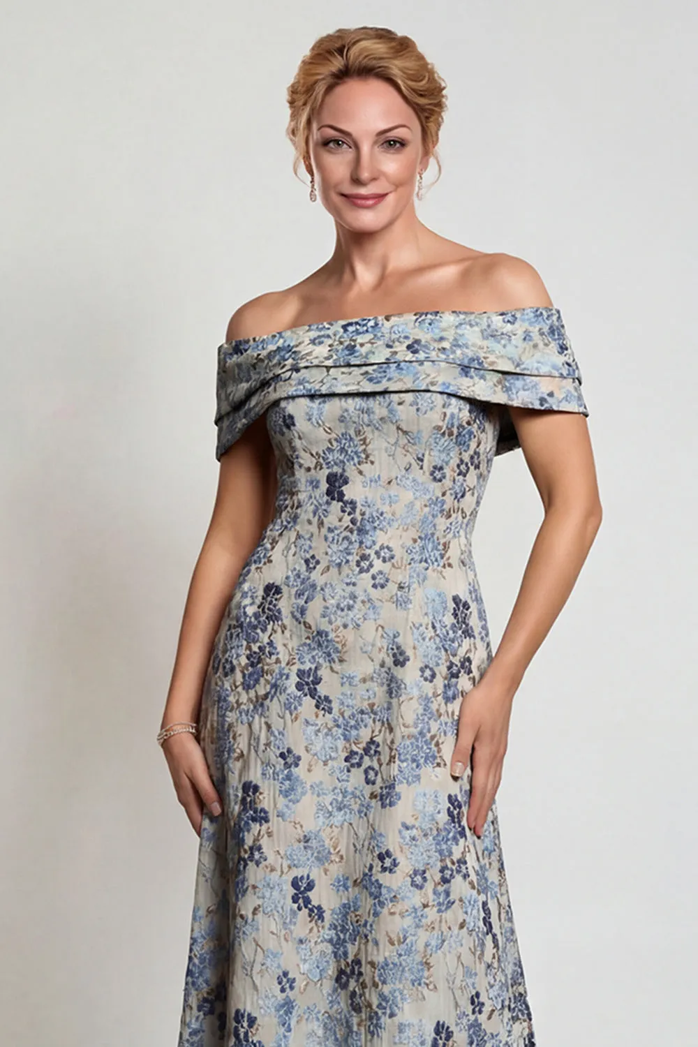 Grey Blue Flower Off the Shoulder A-Line Long Mother of the Bride Dress sold by Zapaka product image thumbnail 4