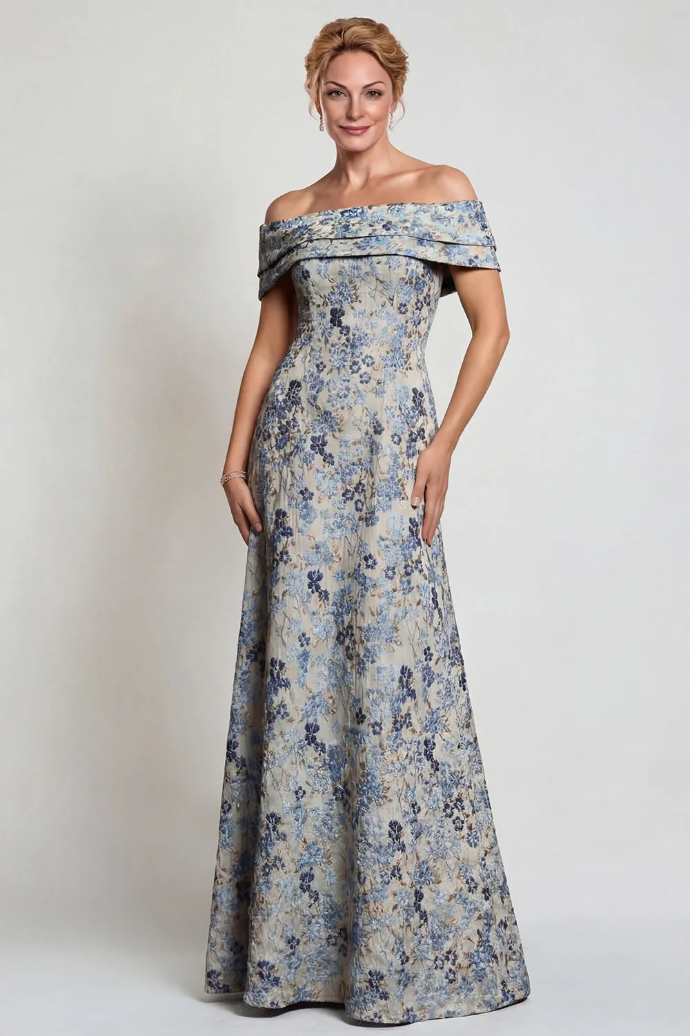 Grey Blue Flower Off the Shoulder A-Line Long Mother of the Bride Dress sold by Zapaka