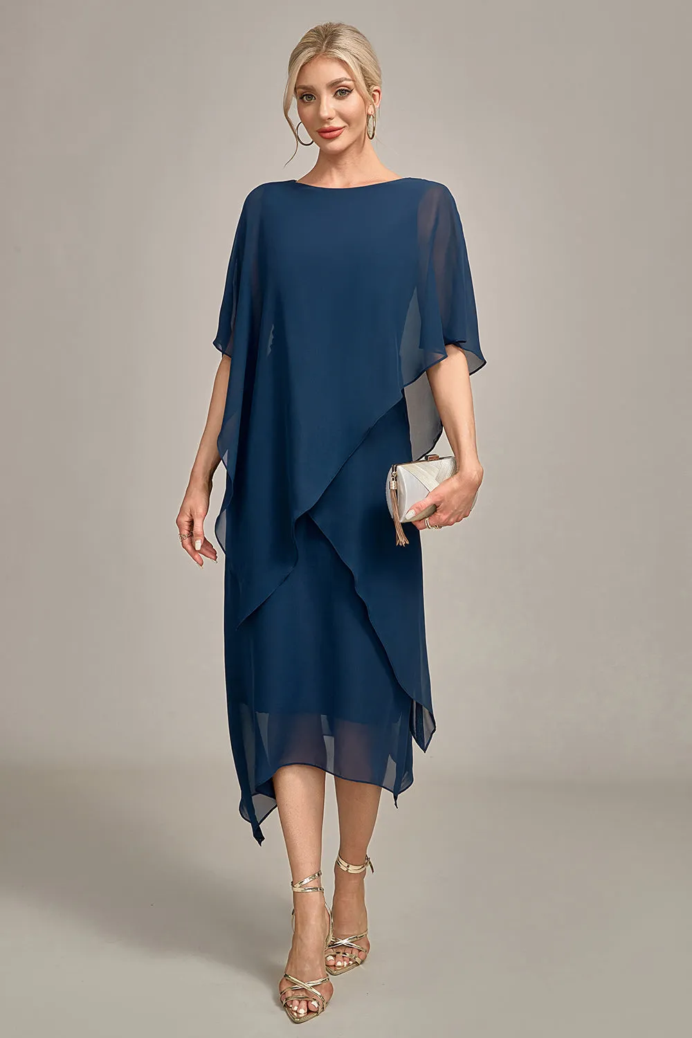Navy Chiffon A-line Boat Neck Midi Choir Dress sold by Zapaka product image thumbnail 5
