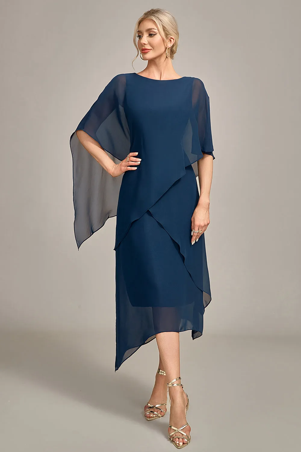 Navy Chiffon A-line Boat Neck Midi Choir Dress sold by Zapaka product image thumbnail 4