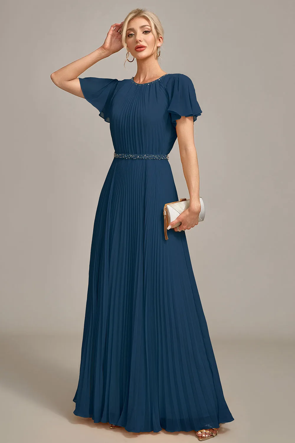 Navy A-Line Beaded Round Neck Pleated Choir Dress with Short Sleeves sold by Zapaka product image thumbnail 4