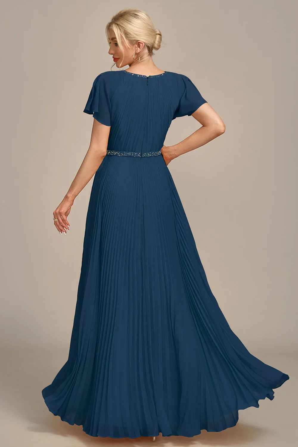 Navy A-Line Beaded Round Neck Pleated Choir Dress with Short Sleeves sold by Zapaka product image thumbnail 2