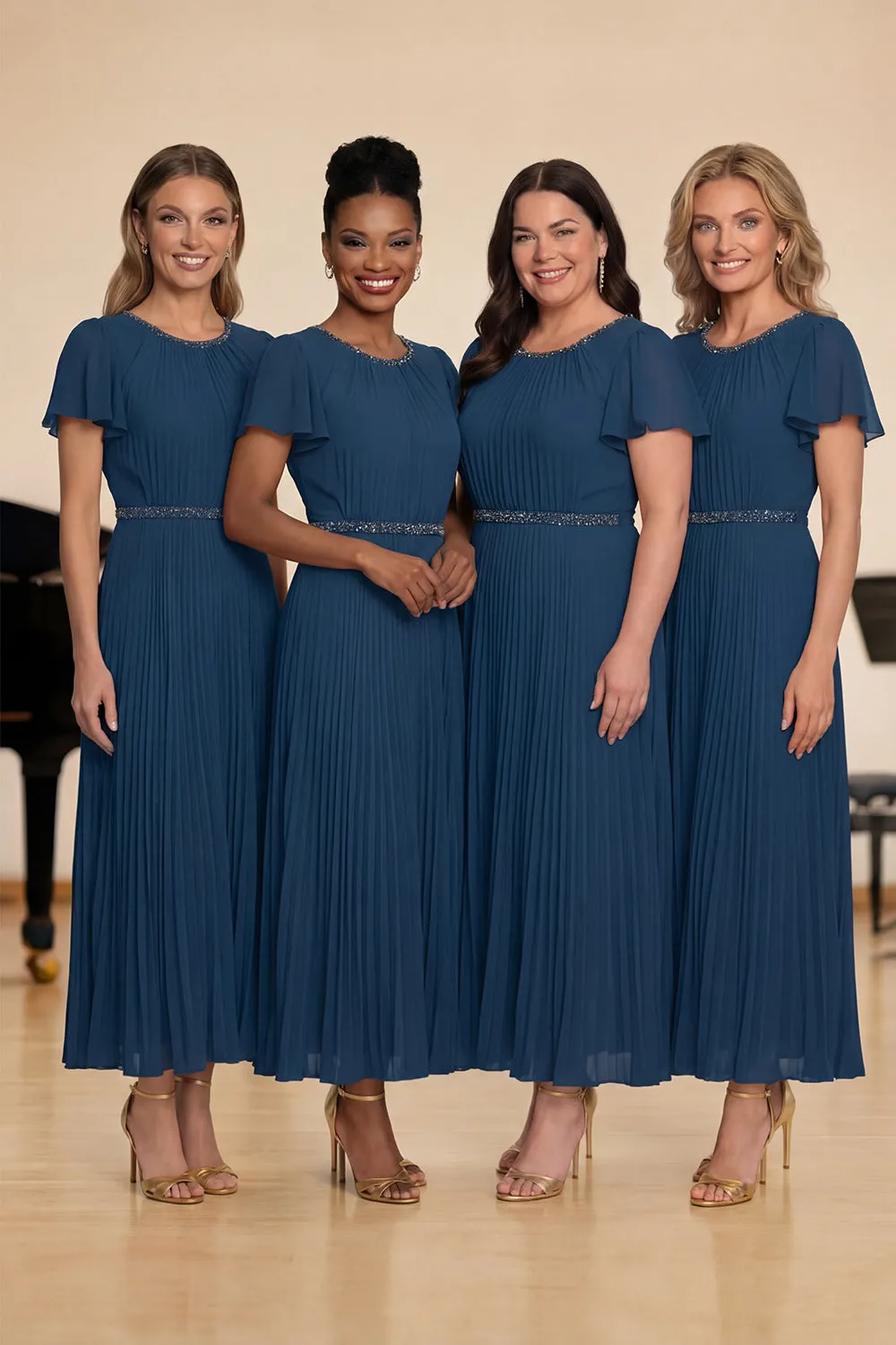 Navy Pleated A-Line Round Neck Beaded Long Chiffon Choir Dress sold by Zapaka