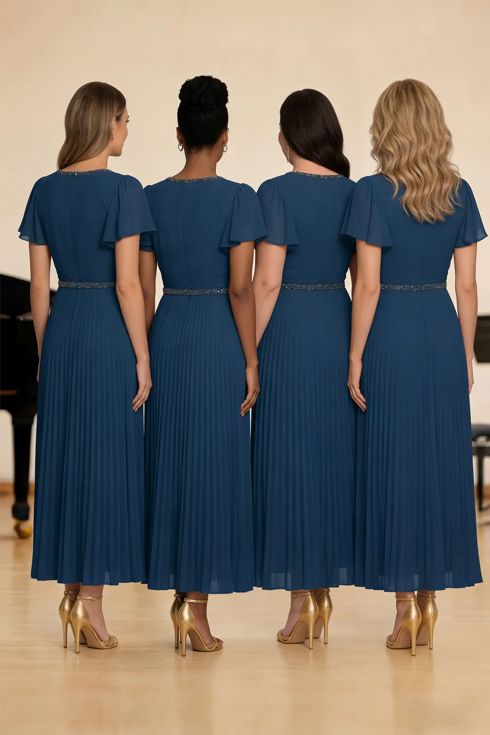 Navy Pleated A-Line Round Neck Beaded Long Chiffon Choir Dress sold by Zapaka product image thumbnail 2