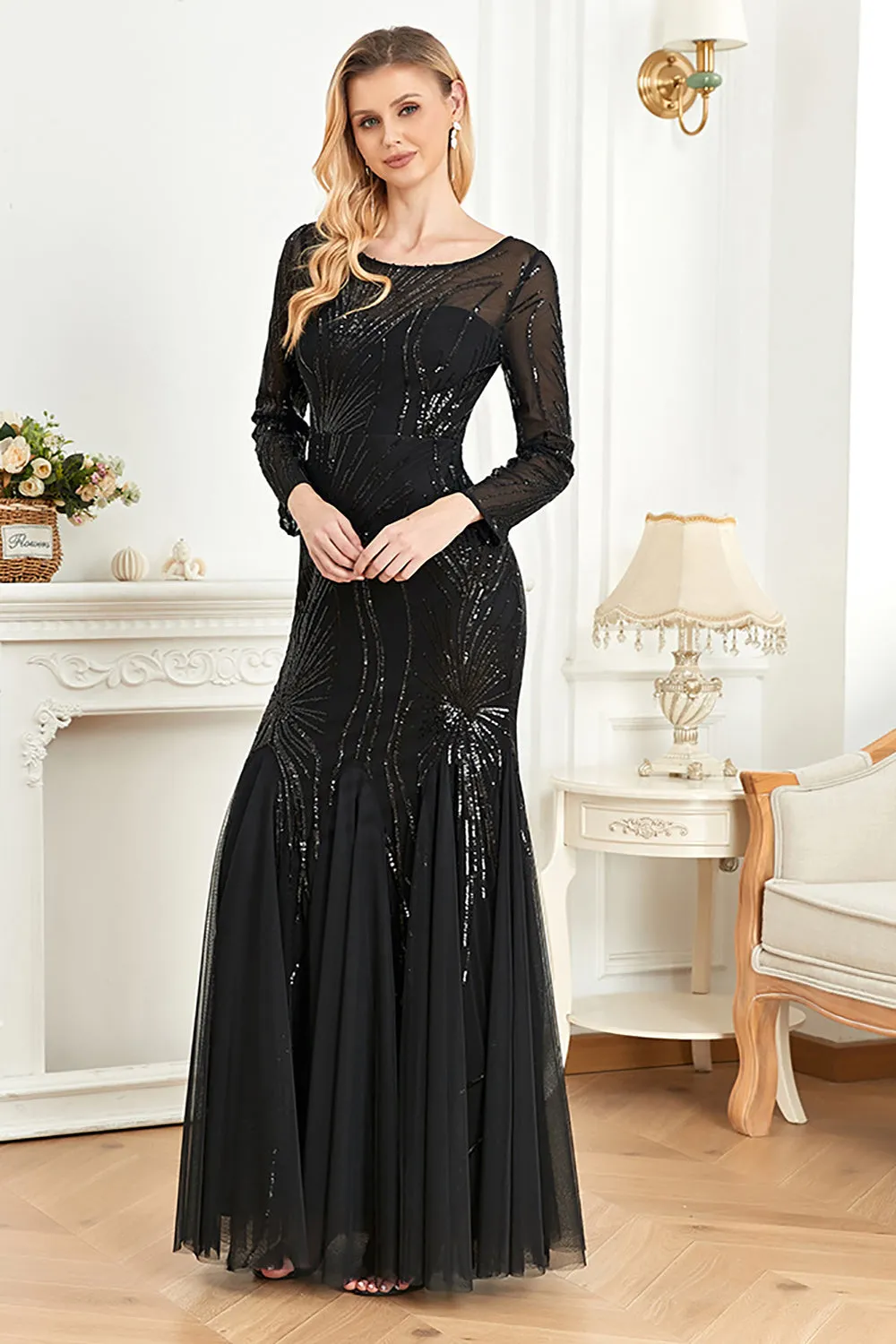 Sparkly Black Mermaid Sequins Boat Neck Choir Dress with Long Sleeves sold by Zapaka product image thumbnail 4