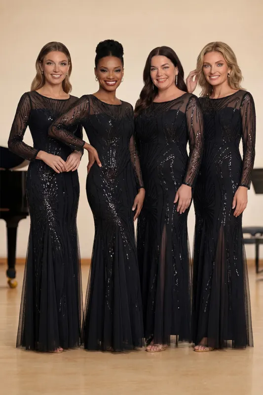 Sparkly Black Mermaid Sequins Boat Neck Choir Dress with Long Sleeves made by Zapaka