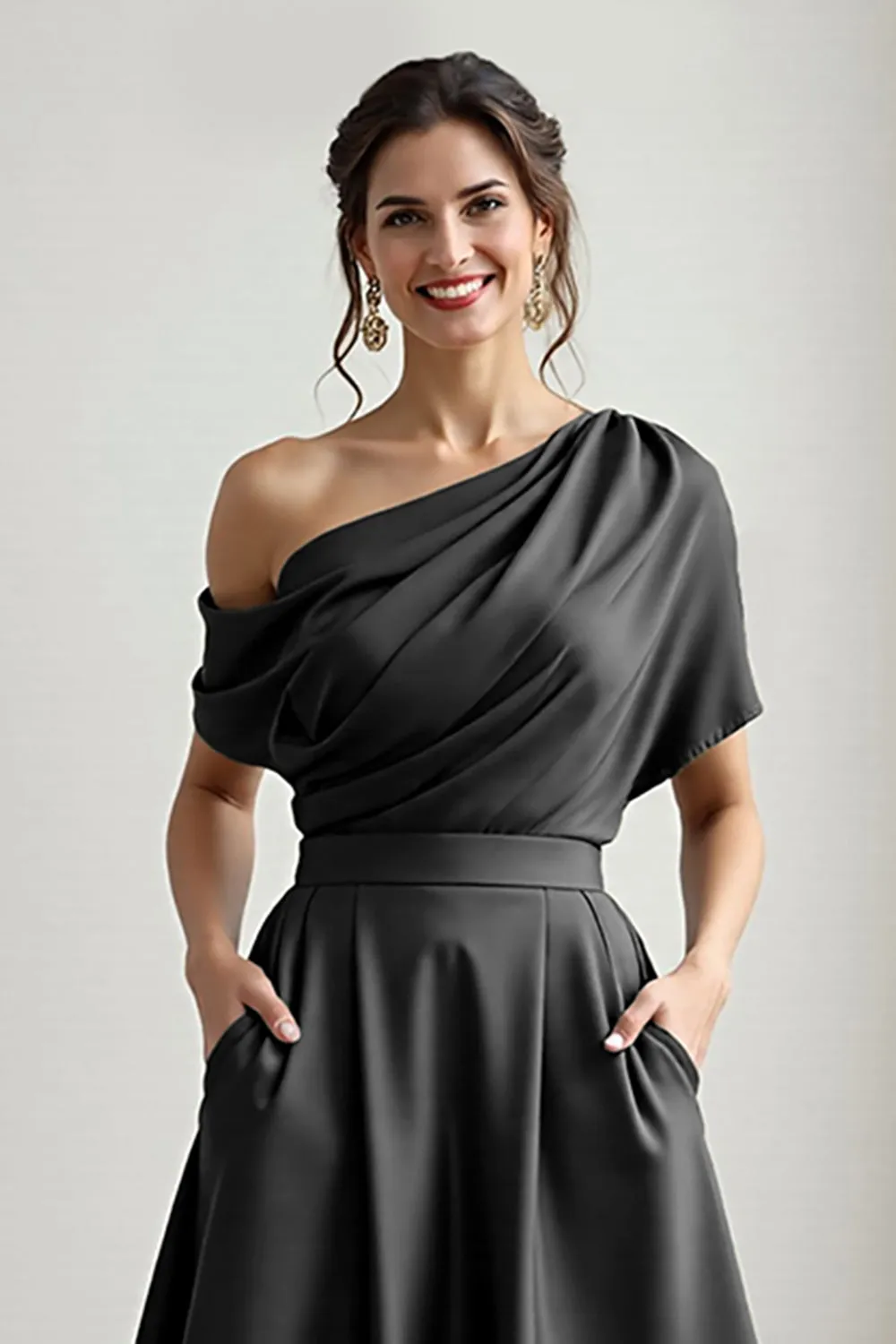 Black One Shoulder Satin A Line Choir Dress with Pockets sold by Zapaka product image thumbnail 4