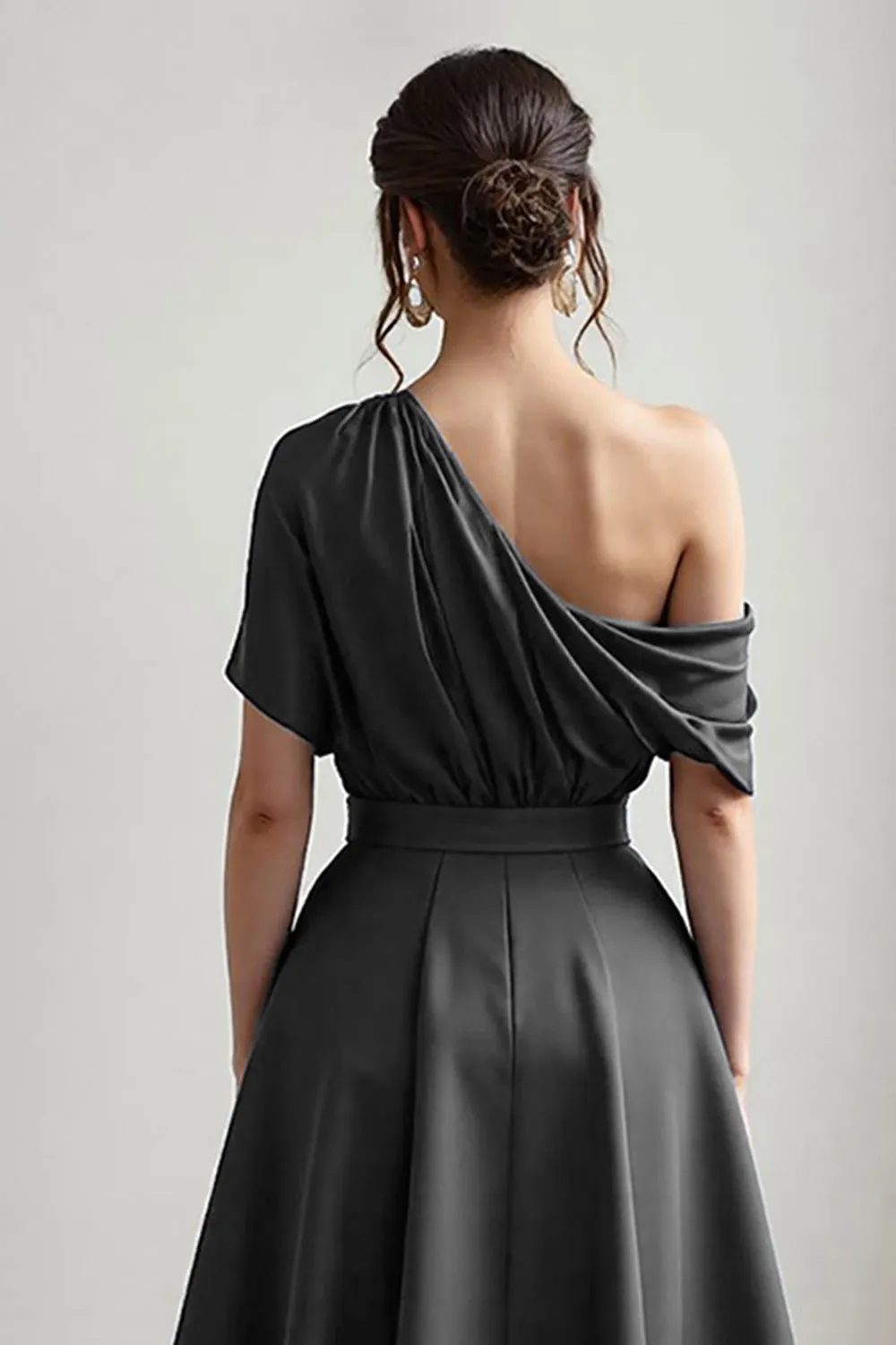 Black One Shoulder Satin A Line Choir Dress with Pockets sold by Zapaka product image thumbnail 5