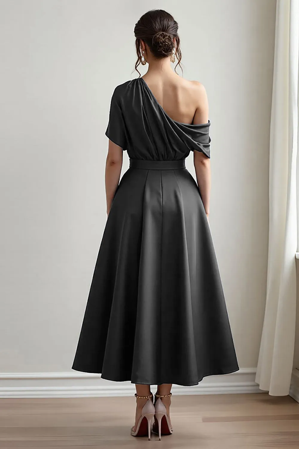 Black One Shoulder Satin A Line Choir Dress with Pockets sold by Zapaka product image thumbnail 2