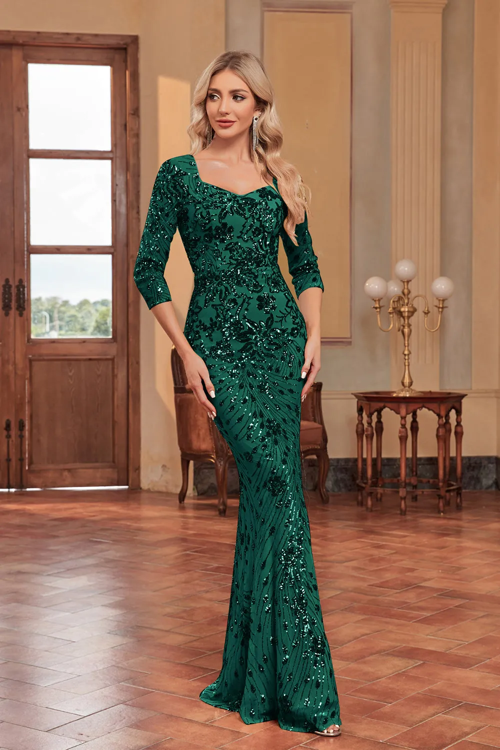 Sparkly Dark Green Mermaid Sequins Long Choir Dress with 3/4 Sleeves sold by Zapaka product image thumbnail 4