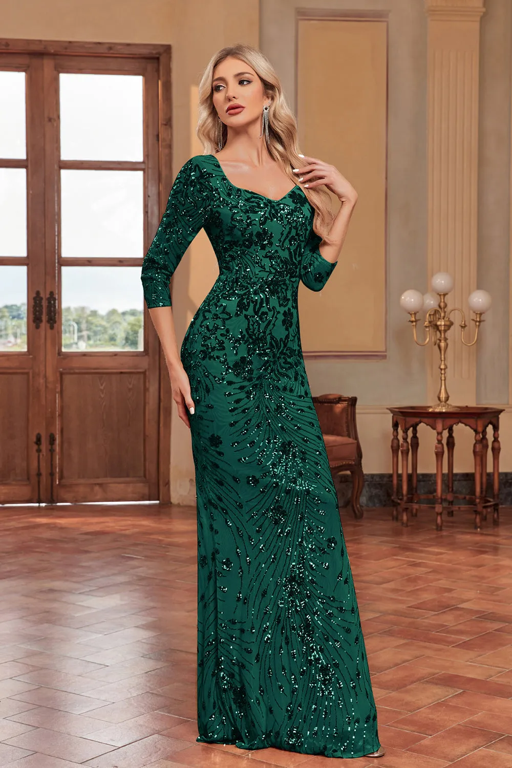 Sparkly Dark Green Mermaid Sequins Long Choir Dress with 3/4 Sleeves sold by Zapaka product image thumbnail 5