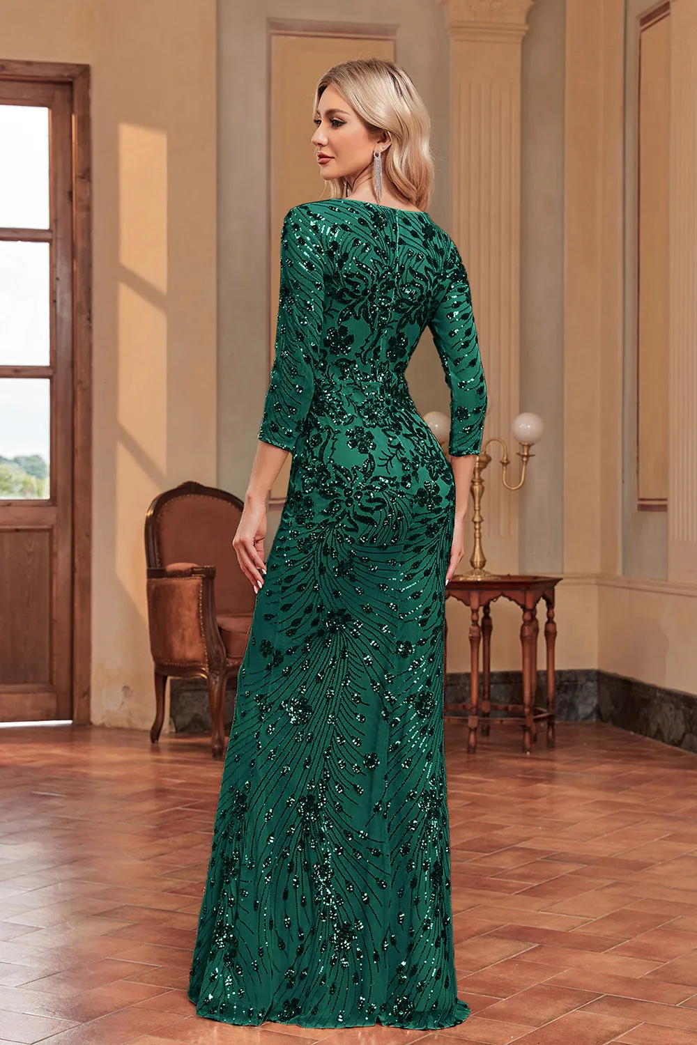 Sparkly Dark Green Mermaid Sequins Long Choir Dress with 3/4 Sleeves sold by Zapaka product image thumbnail 2