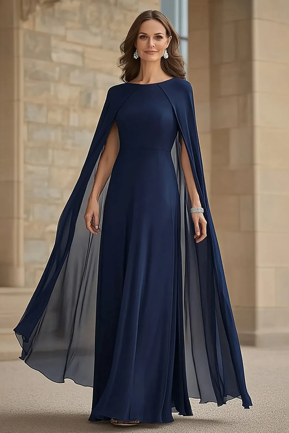 Navy Chiffon A-Line Round Neck Long Choir Dress with Cape sold by Zapaka product image thumbnail 2