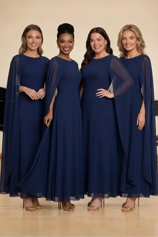 Navy Chiffon A-Line Round Neck Long Choir Dress with Cape sold by Zapaka