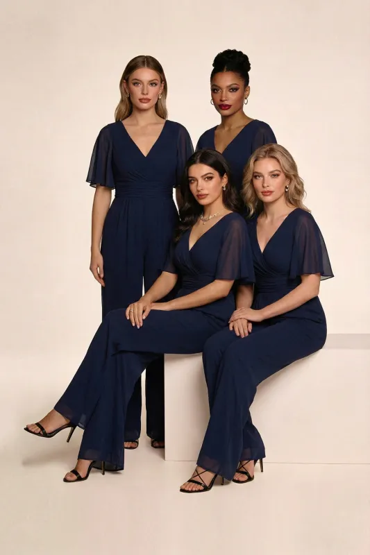 Navy V-Neck Half Sleeves Chiffon Choir Jumpsuits sold by Zapaka