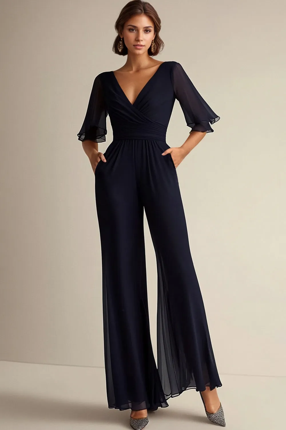 Navy V-Neck Half Sleeves Chiffon Choir Jumpsuits sold by Zapaka product image thumbnail 2