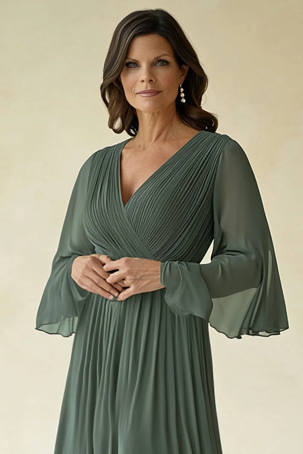 Green A-Line Pleated Chiffon Half Sleeves Long Choir Dress sold by Zapaka product image thumbnail 5