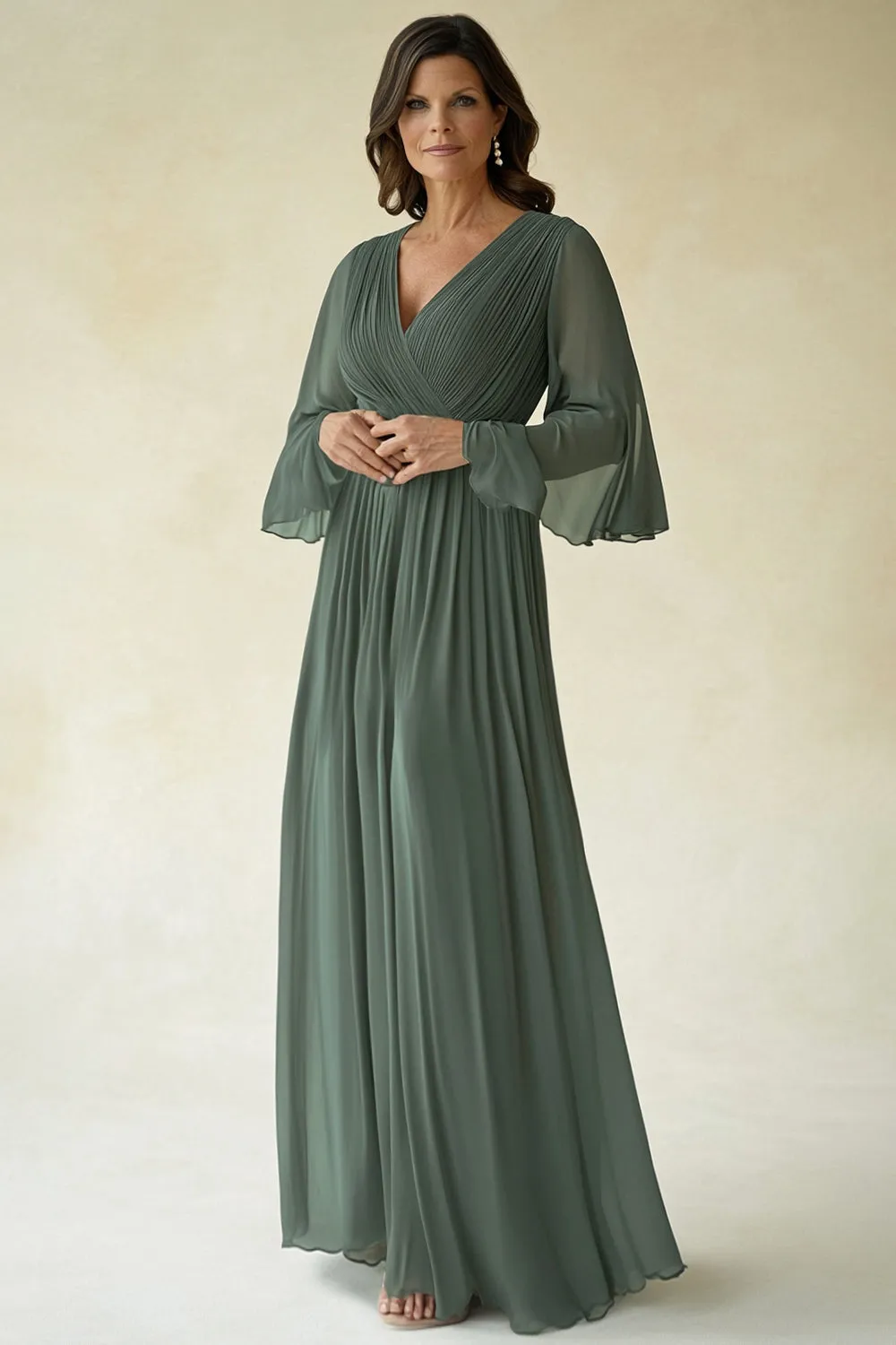 Green A-Line Pleated Chiffon Half Sleeves Long Choir Dress sold by Zapaka product image thumbnail 3