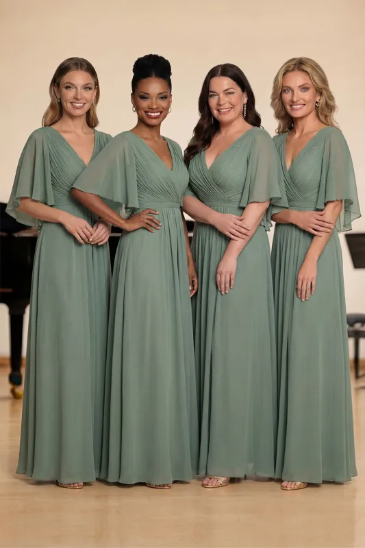 Green A-Line Pleated Chiffon Half Sleeves Long Choir Dress made by Zapaka