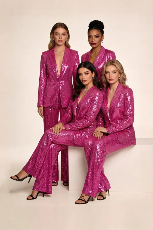 Sparkly Fuchsia Shawl Lapel Sequins Women Choir Suits sold by Zapaka