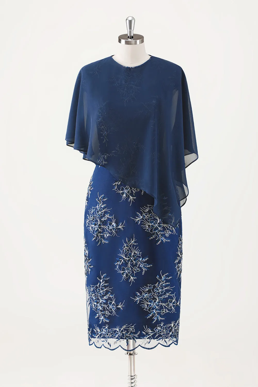 Navy Sheath Chiffon Round Neck Midi Choir Dress with Wrap sold by Zapaka product image thumbnail 3