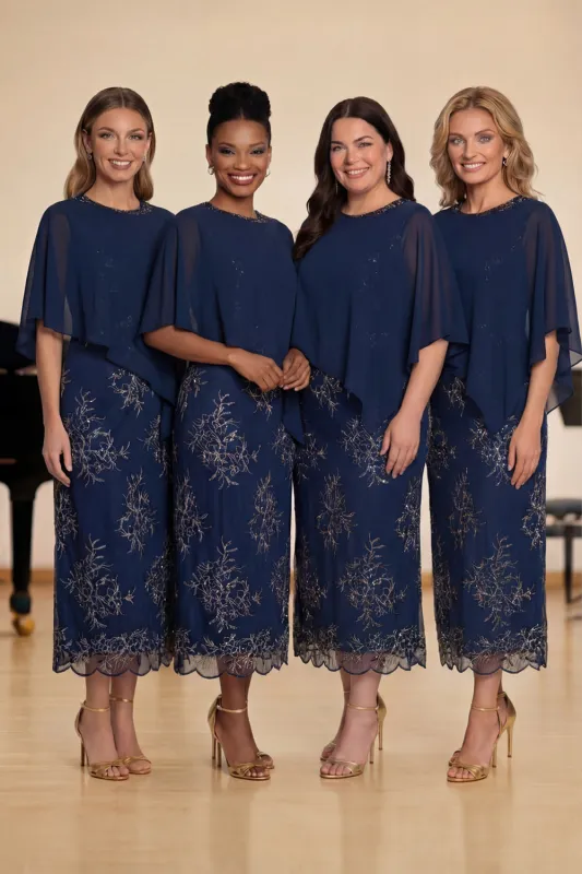 Navy Sheath Chiffon Round Neck Midi Choir Dress with Wrap sold by Zapaka
