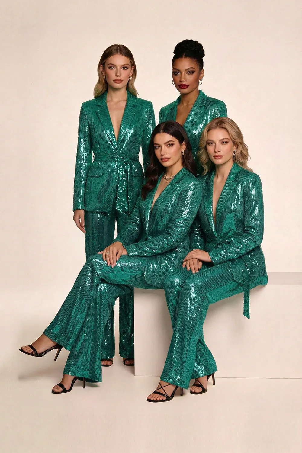 Sparkly Green Sequins Notched Lapel Women Choir Suits with Belt sold by Zapaka