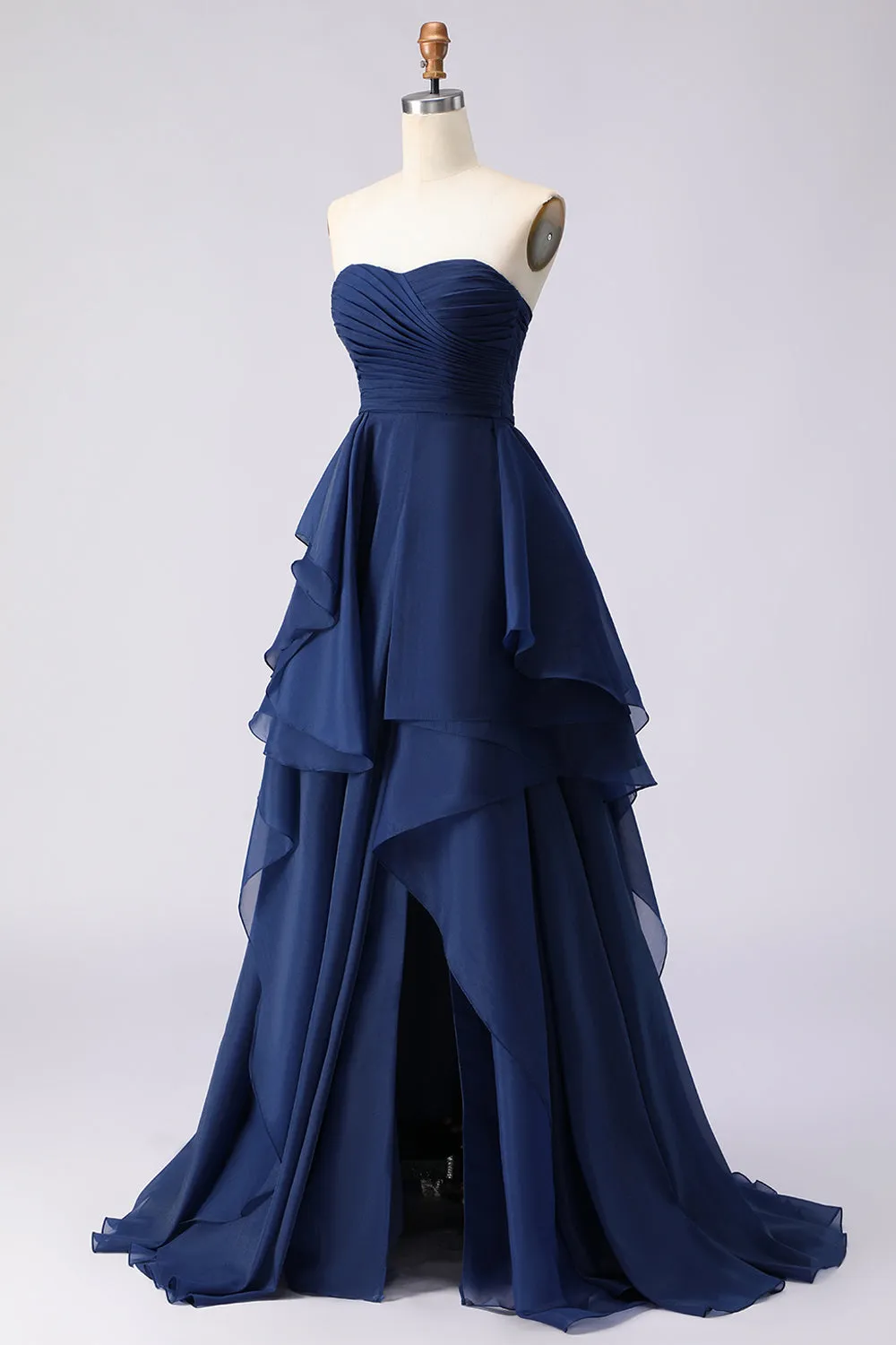 Navy Strapless Ruffled A Line Pleated Long Prom Dress with Slit sold by Zapaka product image thumbnail 3