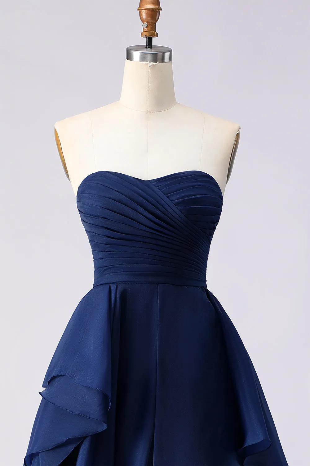 Navy Strapless Ruffled A Line Pleated Long Prom Dress with Slit sold by Zapaka product image thumbnail 4