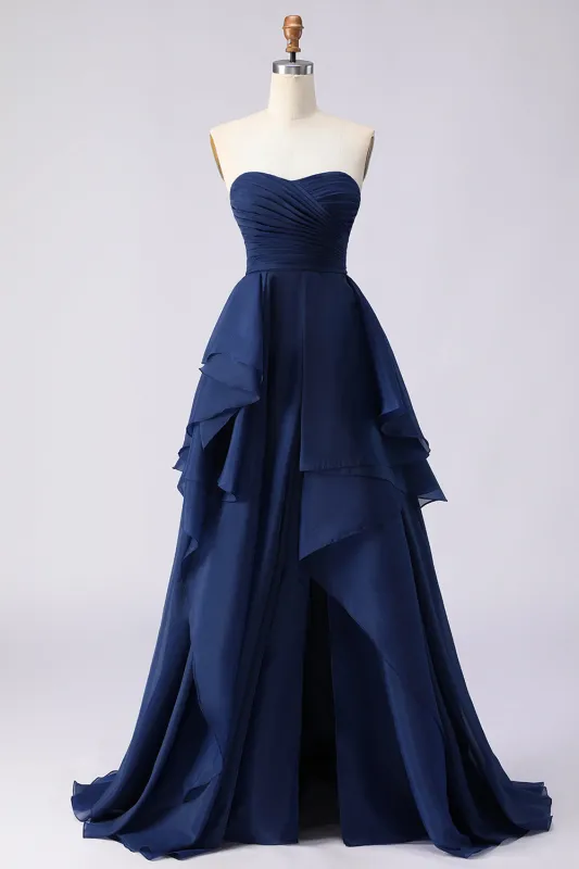 Navy Strapless Ruffled A Line Pleated Long Prom Dress with Slit made by Zapaka